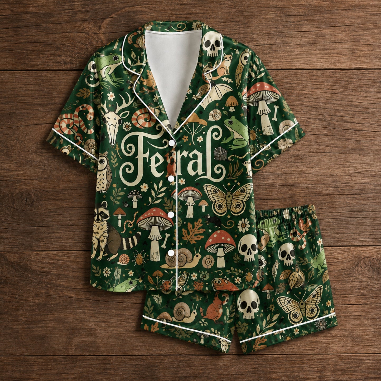 PJ-078-Feral Forest Pajama Set Featuring Woodland Animals, Mushrooms, Skulls, and Mystical Nature Print FREE SHIPING