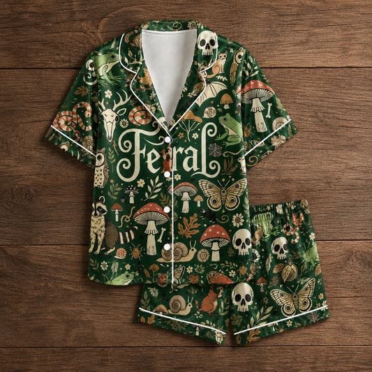 PJ-078-Feral Forest Pajama Set Featuring Woodland Animals, Mushrooms, Skulls, and Mystical Nature Print FREE SHIPPING