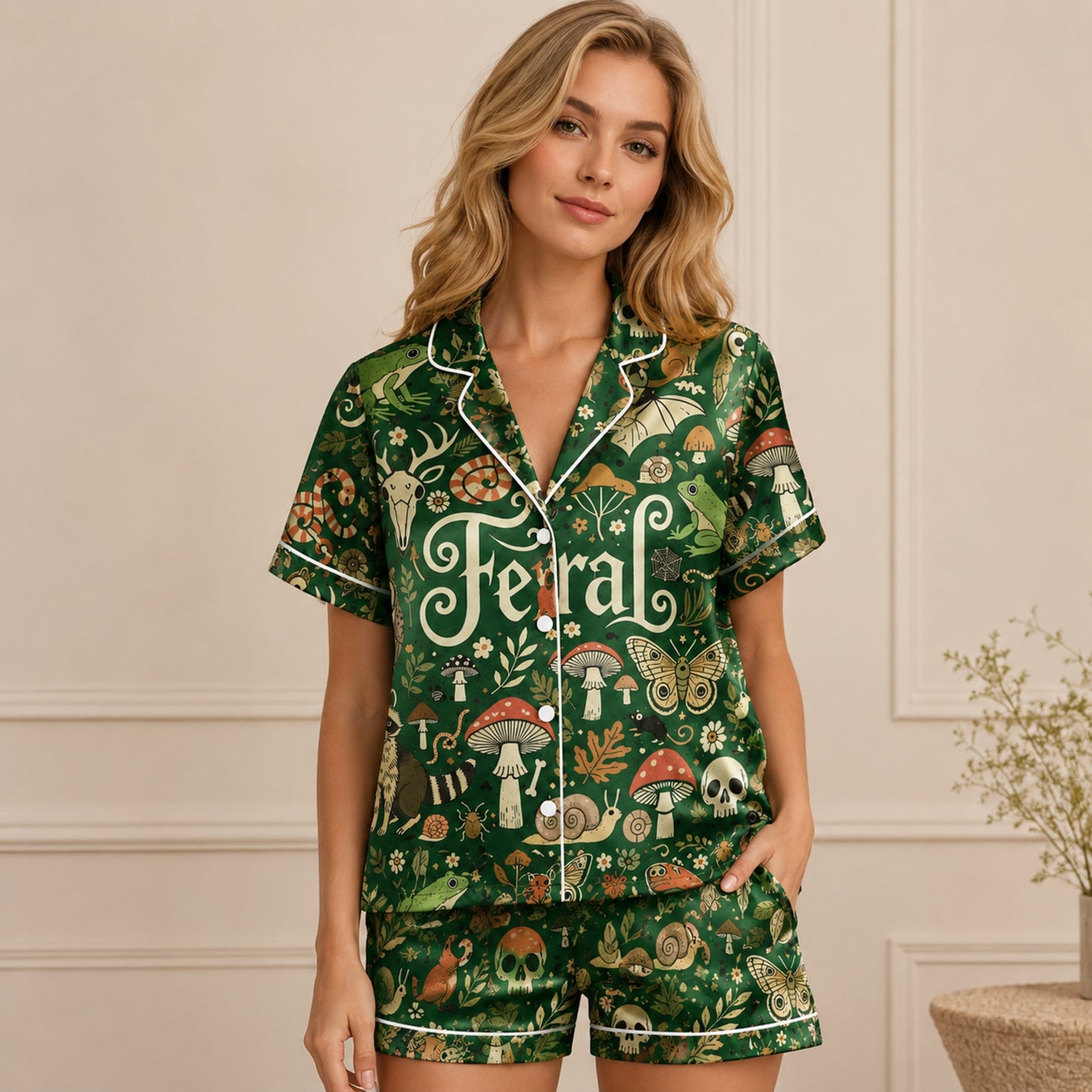 PJ-078-Feral Forest Pajama Set Featuring Woodland Animals, Mushrooms, Skulls, and Mystical Nature Print FREE SHIPING