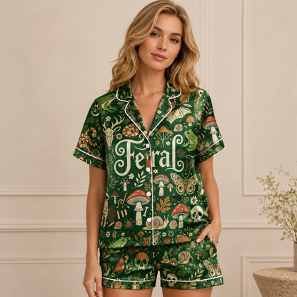 PJ-078-Feral Forest Pajama Set Featuring Woodland Animals, Mushrooms, Skulls, and Mystical Nature Print FREE SHIPING