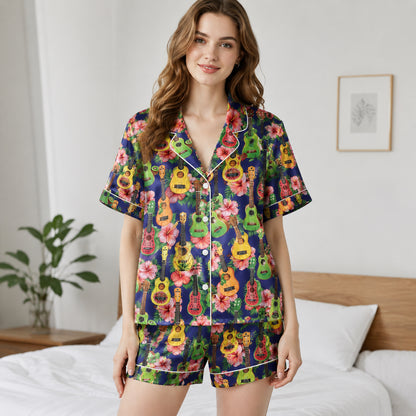 PJ-079-Colorful Ukulele Pajama Set Featuring Hibiscus Flowers and Tropical Summer Pattern Design FREE SHIPING