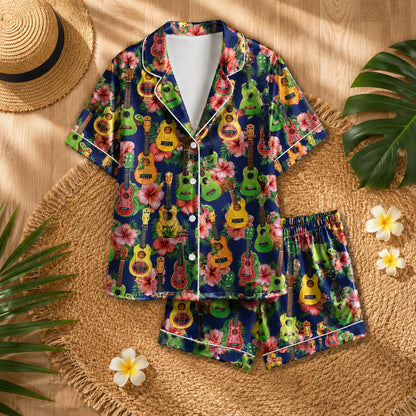 PJ-079-Colorful Ukulele Pajama Set Featuring Hibiscus Flowers and Tropical Summer Pattern Design FREE SHIPING