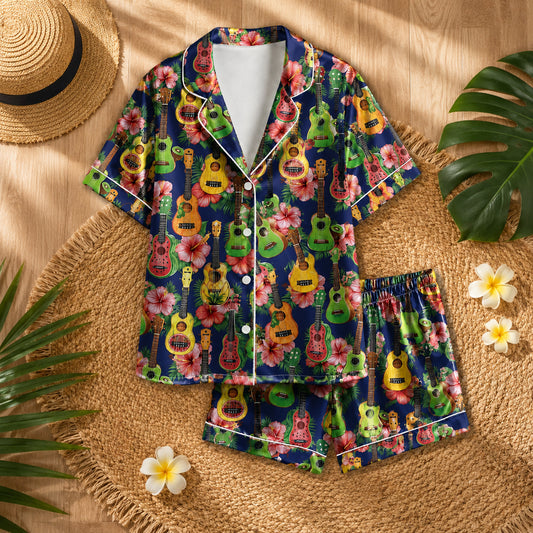 PJ-079-Colorful Ukulele Pajama Set Featuring Hibiscus Flowers and Tropical Summer Pattern Design FREE SHIPPING
