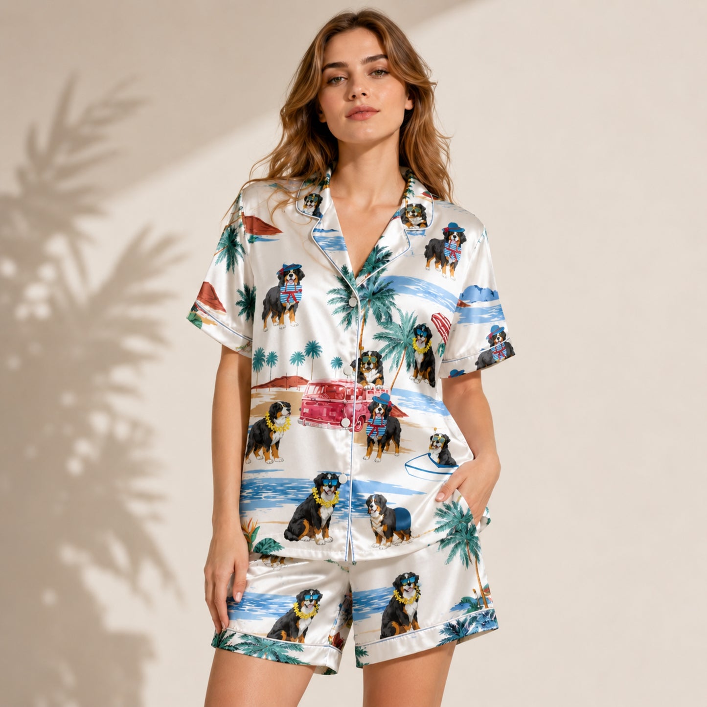 PJ-081-Tropical Dog Pajama Set with Sunglasses Dogs, Vintage Car, and Summer Beach Artwork FREE SHIPING