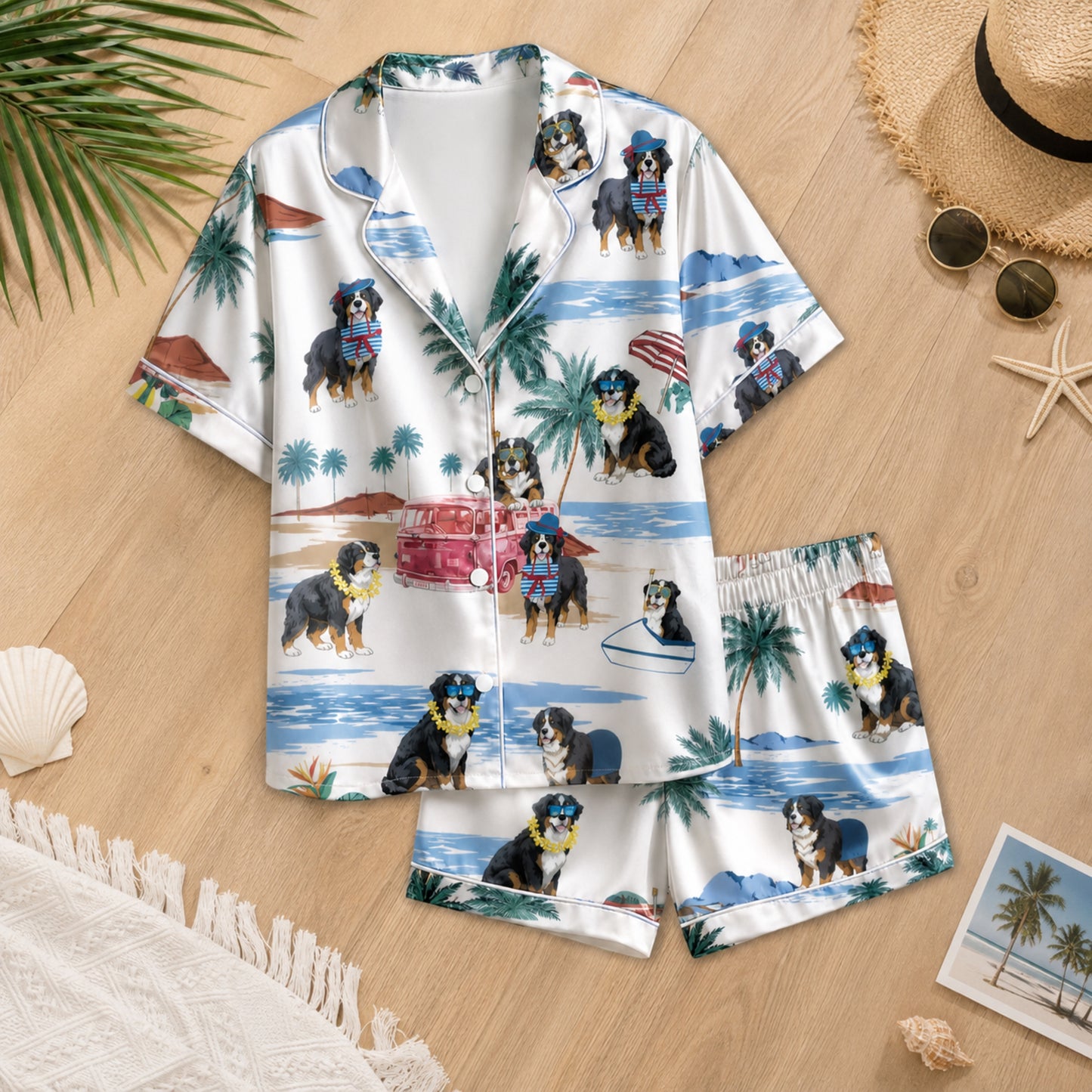 PJ-081-Tropical Dog Pajama Set with Sunglasses Dogs, Vintage Car, and Summer Beach Artwork FREE SHIPING