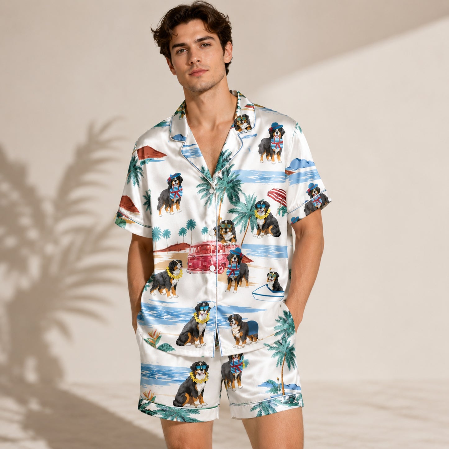 PJ-081-Tropical Dog Pajama Set with Sunglasses Dogs, Vintage Car, and Summer Beach Artwork FREE SHIPING