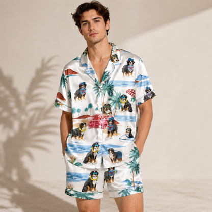 PJ-081-Tropical Dog Pajama Set with Sunglasses Dogs, Vintage Car, and Summer Beach Artwork FREE SHIPING