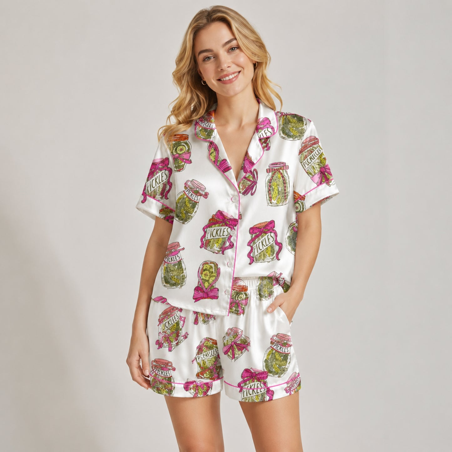 PJ-082-Pickle Jar Pajama Set with Vintage Mason Jar Labels and Food-Themed Novelty Pattern FREE SHIPING