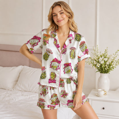 PJ-082-Pickle Jar Pajama Set with Vintage Mason Jar Labels and Food-Themed Novelty Pattern FREE SHIPING