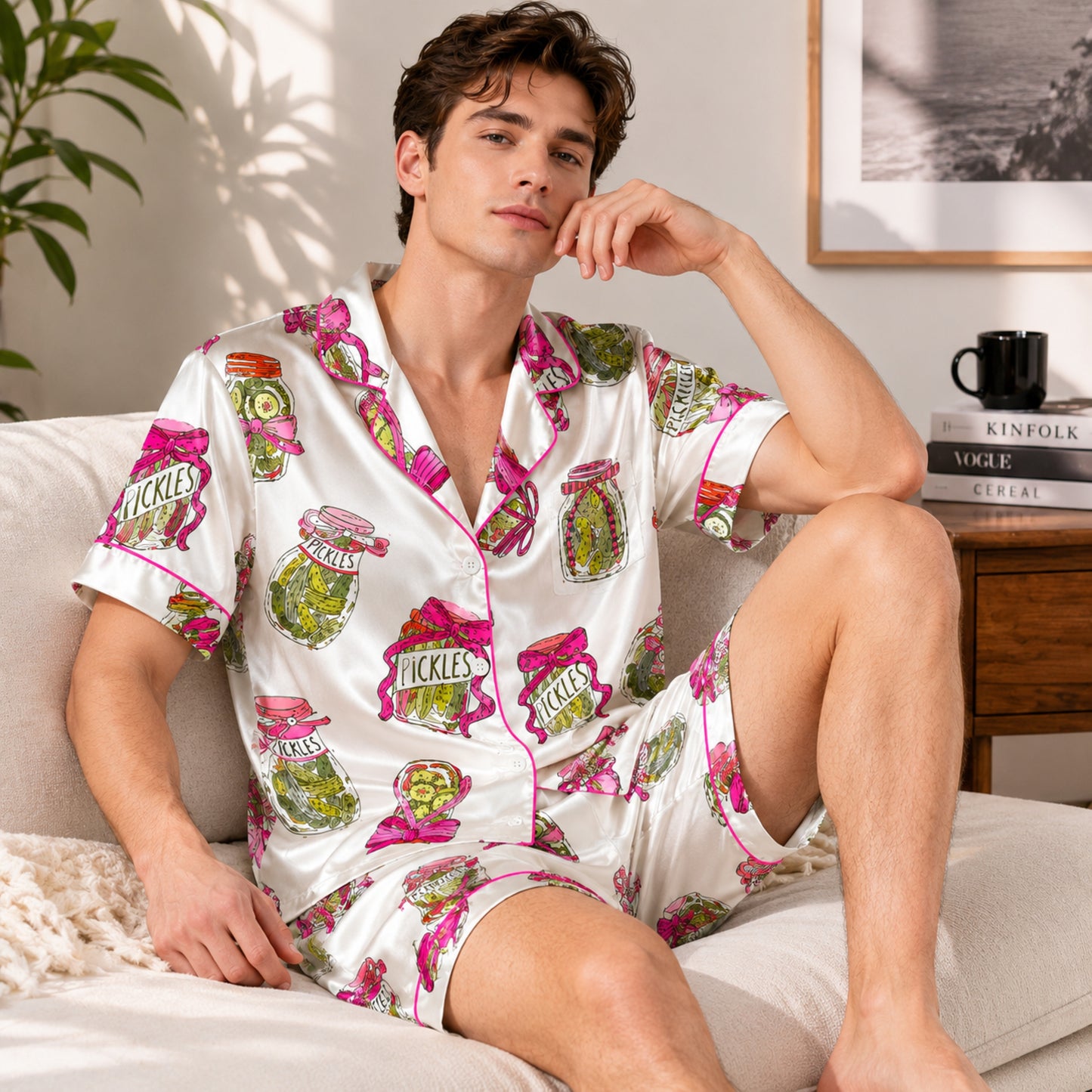 PJ-082-Pickle Jar Pajama Set with Vintage Mason Jar Labels and Food-Themed Novelty Pattern FREE SHIPING