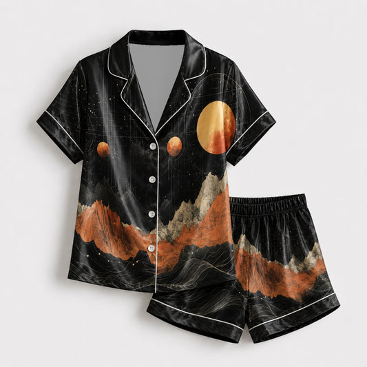 PJ-083-Moon Mountain Pajama Set Featuring Celestial Landscape, Planets, and Starry Night Artwork FREE SHIPPING