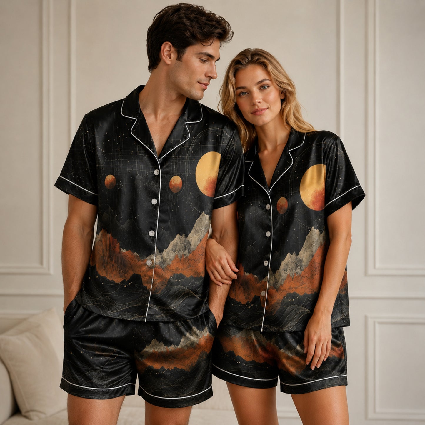 PJ-083-Moon Mountain Pajama Set Featuring Celestial Landscape, Planets, and Starry Night Artwork FREE SHIPING