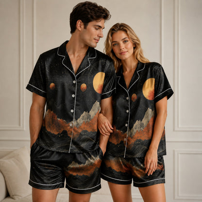 PJ-083-Moon Mountain Pajama Set Featuring Celestial Landscape, Planets, and Starry Night Artwork FREE SHIPING