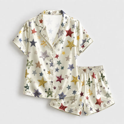 PJ-084-Unisex Star Pajama Set with Colorful Celestial Star Pattern and Matching Sleepwear FREE SHIPING