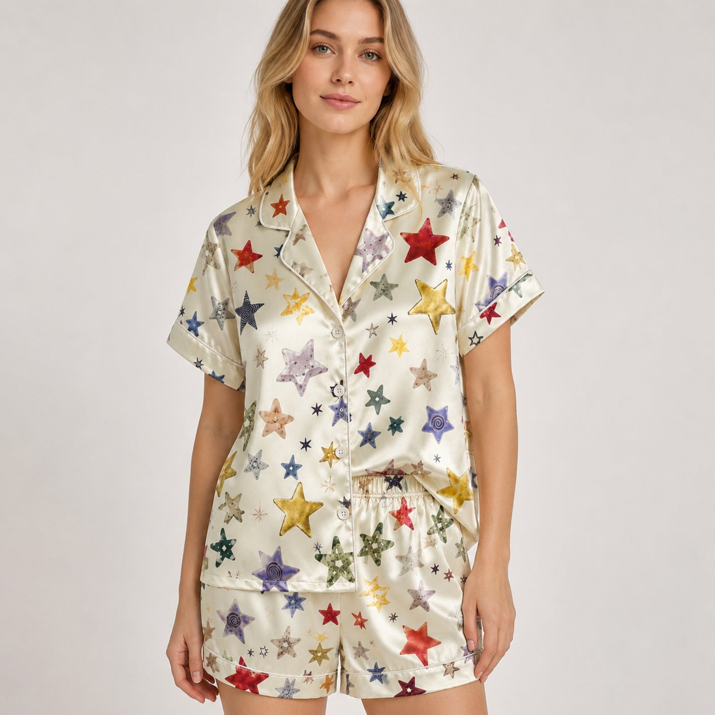 PJ-084-Unisex Star Pajama Set with Colorful Celestial Star Pattern and Matching Sleepwear FREE SHIPING