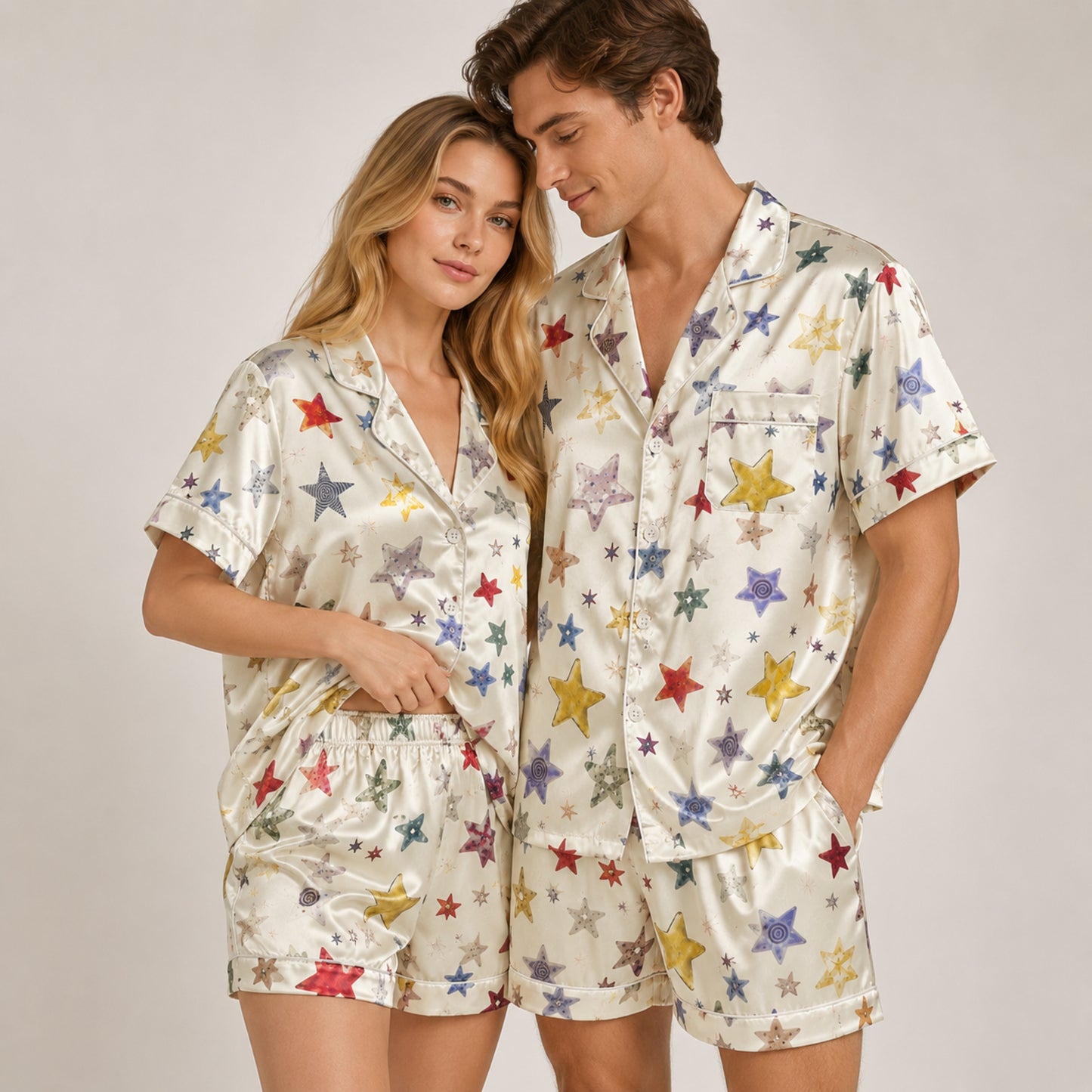 PJ-084-Unisex Star Pajama Set with Colorful Celestial Star Pattern and Matching Sleepwear FREE SHIPING