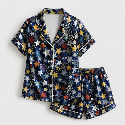 PJ-085-Unisex Star Pajama Set with Colorful Celestial Star Pattern and Matching Sleepwear FREE SHIPING