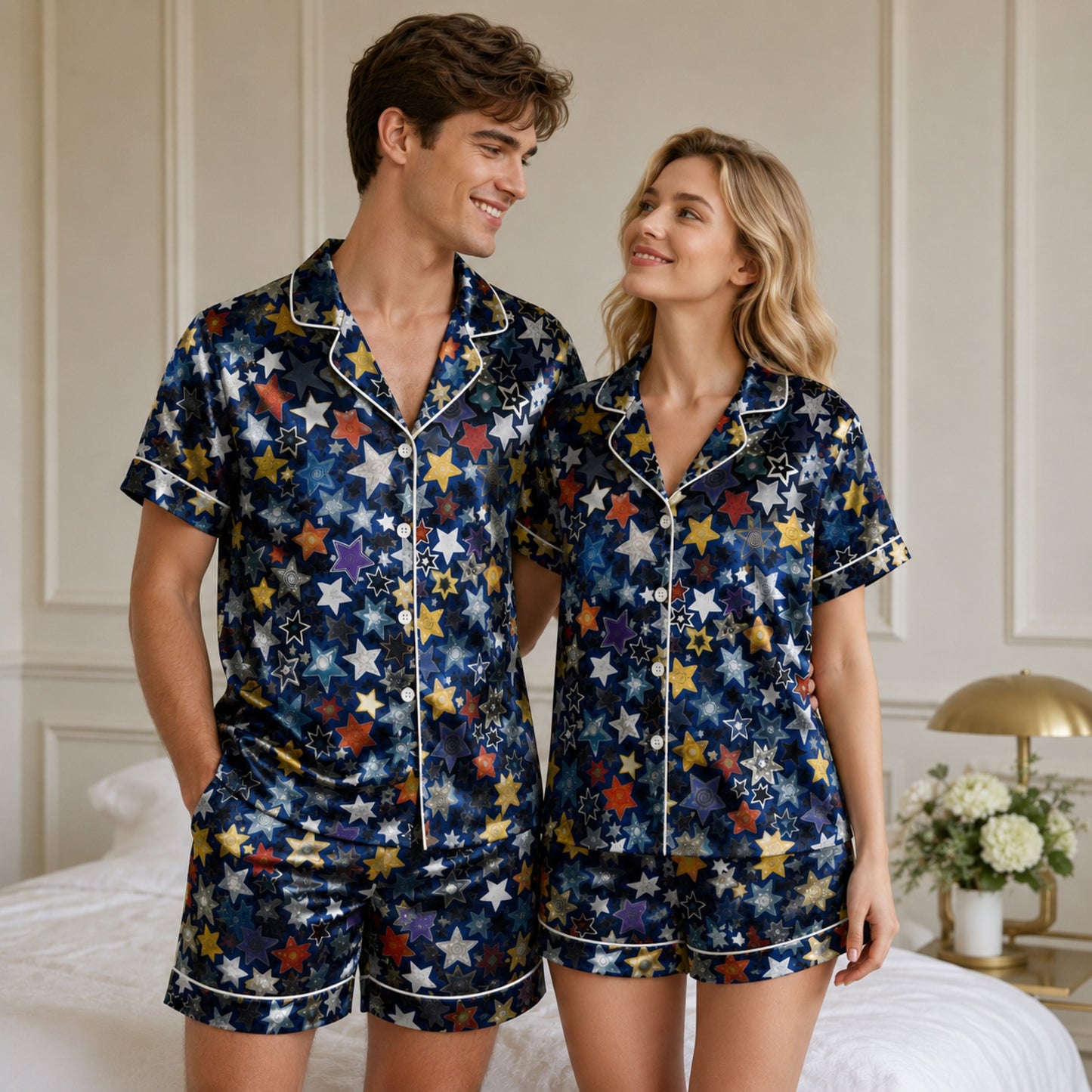 PJ-085-Unisex Star Pajama Set with Colorful Celestial Star Pattern and Matching Sleepwear FREE SHIPING