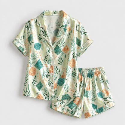 PJ-086-Dice and Leaves Pajama Set with Polyhedral RPG Pattern and Whimsical Game Artwork FREE SHIPING