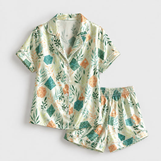 PJ-086-Dice and Leaves Pajama Set with Polyhedral RPG Pattern and Whimsical Game Artwork FREE SHIPPING