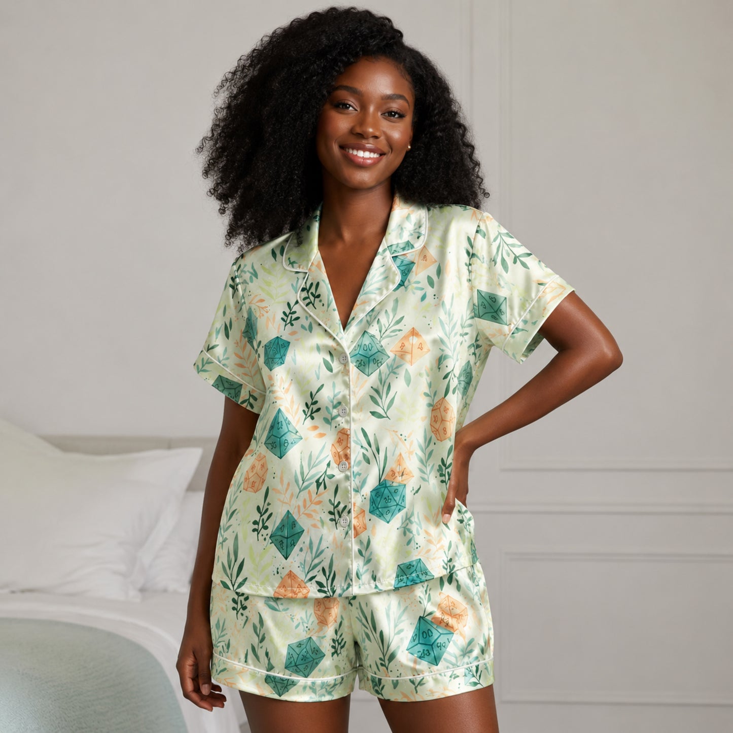 PJ-086-Dice and Leaves Pajama Set with Polyhedral RPG Pattern and Whimsical Game Artwork FREE SHIPING