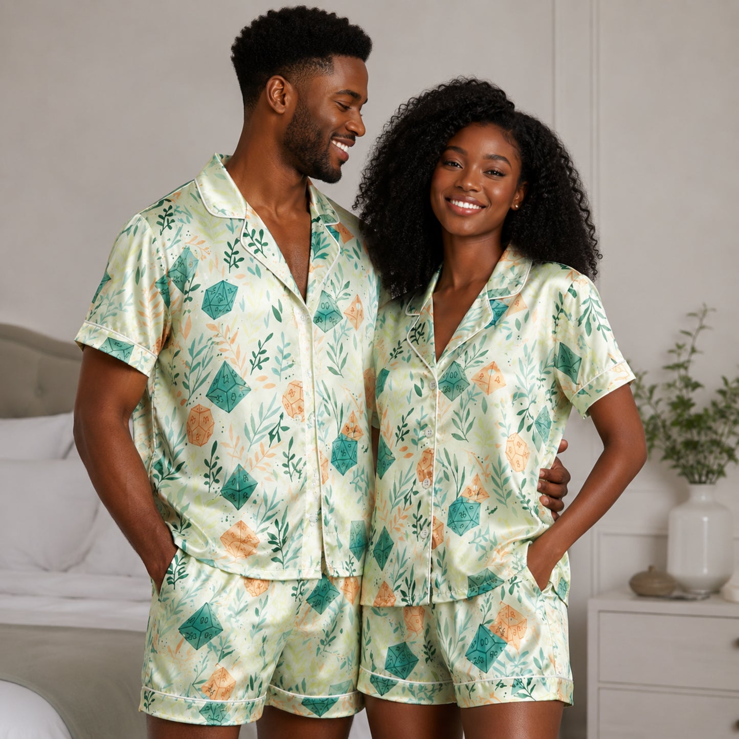 PJ-086-Dice and Leaves Pajama Set with Polyhedral RPG Pattern and Whimsical Game Artwork FREE SHIPING