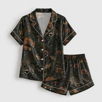 PJ-087-Forest Wildlife Pajama Set with Woodland Animals, Botanical Elements, and Natural Pattern Design FREE SHIPING