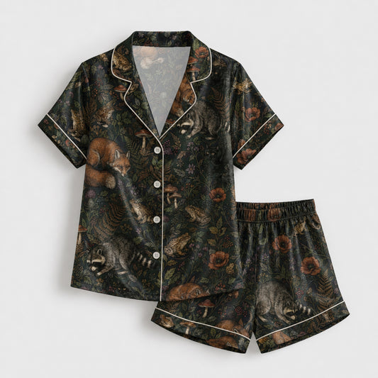 PJ-087-Forest Wildlife Pajama Set with Woodland Animals, Botanical Elements, and Natural Pattern Design FREE SHIPPING