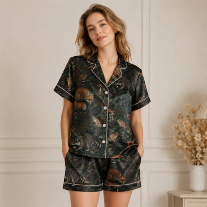 PJ-087-Forest Wildlife Pajama Set with Woodland Animals, Botanical Elements, and Natural Pattern Design FREE SHIPING