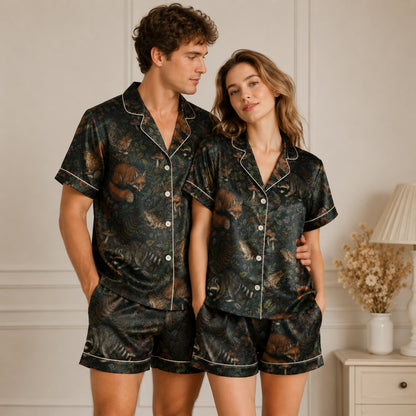 PJ-087-Forest Wildlife Pajama Set with Woodland Animals, Botanical Elements, and Natural Pattern Design FREE SHIPING
