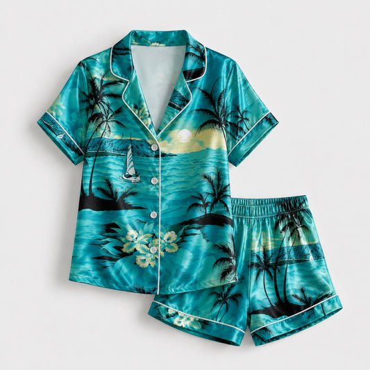 PJ-088-Unisex Tropical Ocean Pajama Set with Palm Trees, Sailboats, and Sunset Beach Pattern FREE SHIPPING