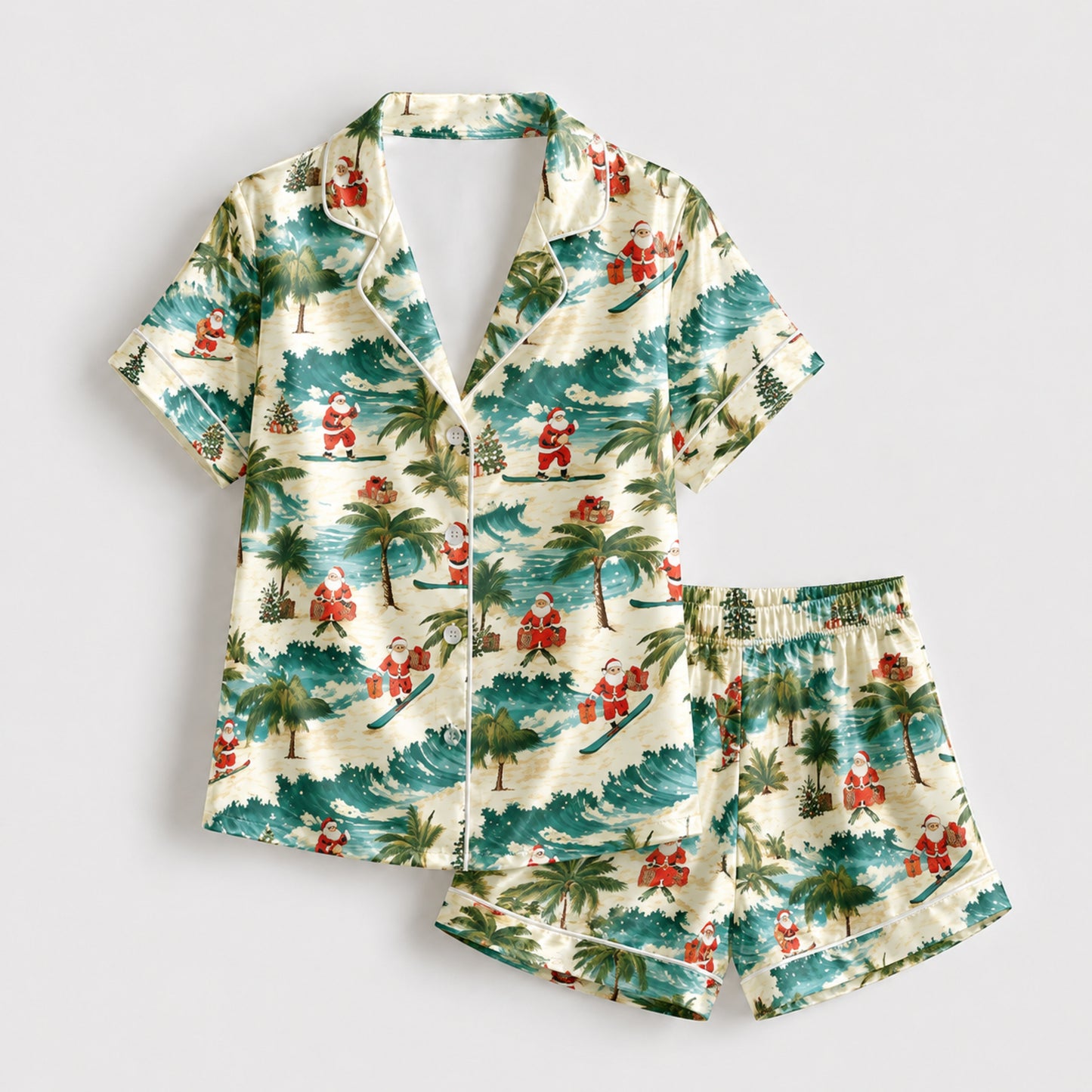 PJ-090-Unisex Christmas Tropical Santa Palm Tree Satin Pajama Set with High Quality Holiday Beach Print FREE SHIPING