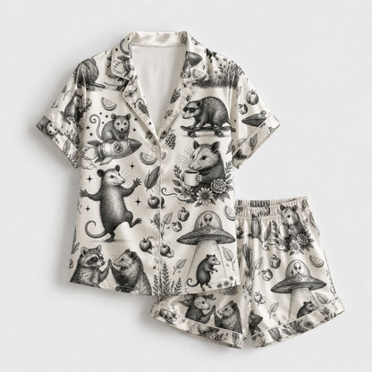PJ-091-Unisex Christmas Tropical Santa Palm Tree Satin Pajama Set with High Quality Holiday Beach Print FREE SHIPING
