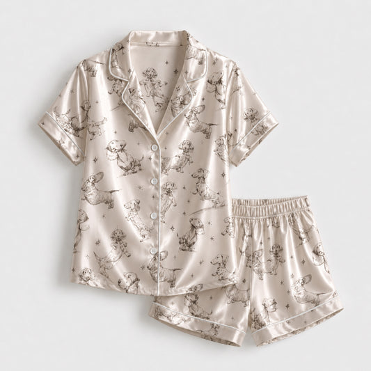 PJ-094-Unisex Dachshund Dog Star Sketch Satin Pajama Set with High Quality Minimal Puppy Print FREE SHIPPING