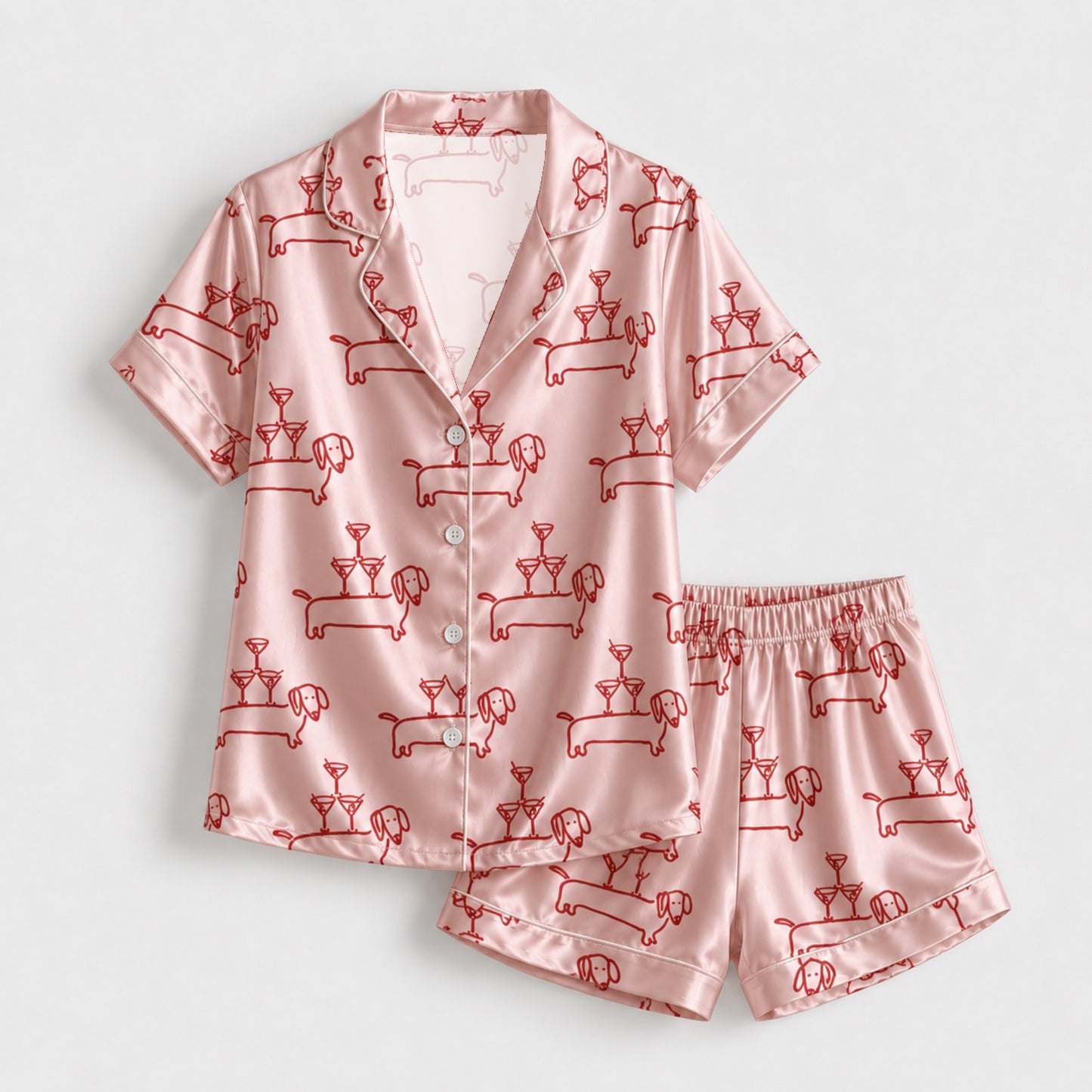 PJ-095-Unisex Dachshund Martini Line Art Satin Pajama Set with High Quality Pink Dog Print FREE SHIPING