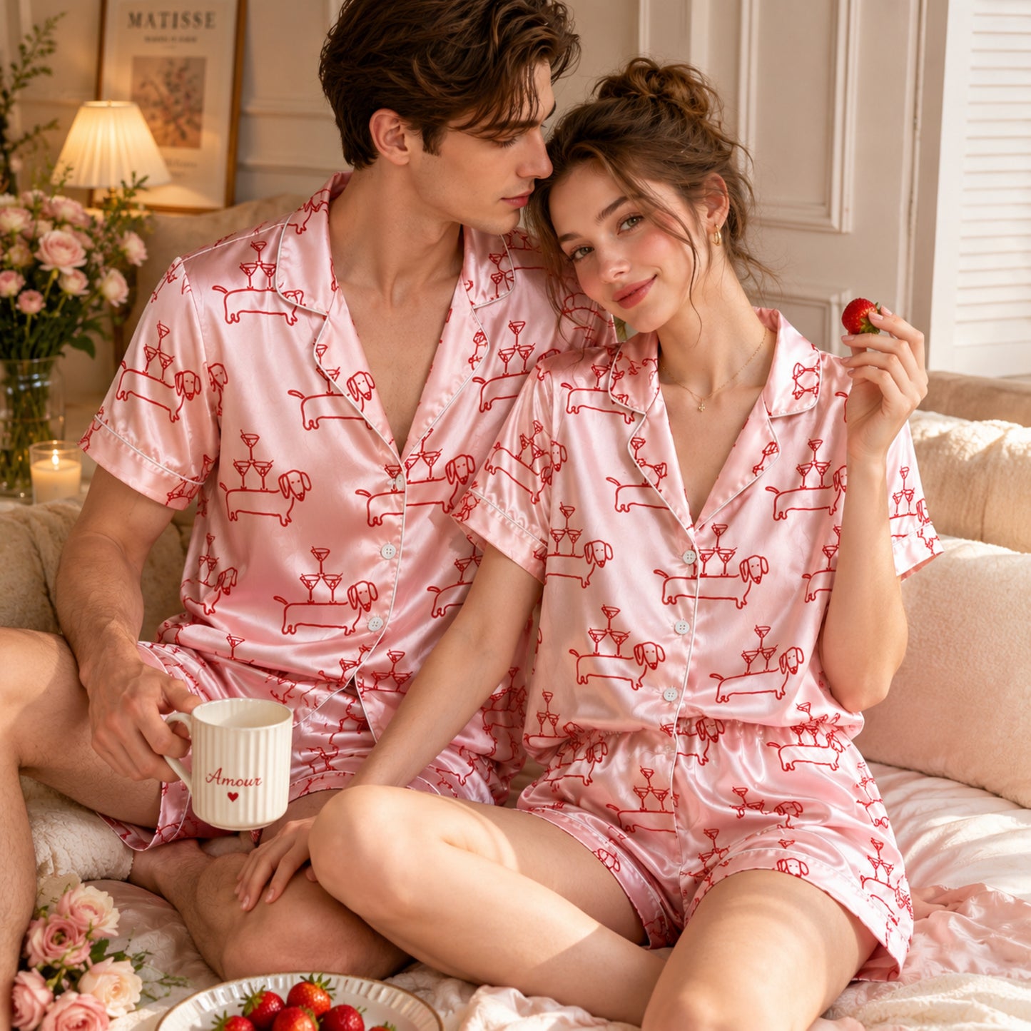 PJ-095-Unisex Dachshund Martini Line Art Satin Pajama Set with High Quality Pink Dog Print FREE SHIPING
