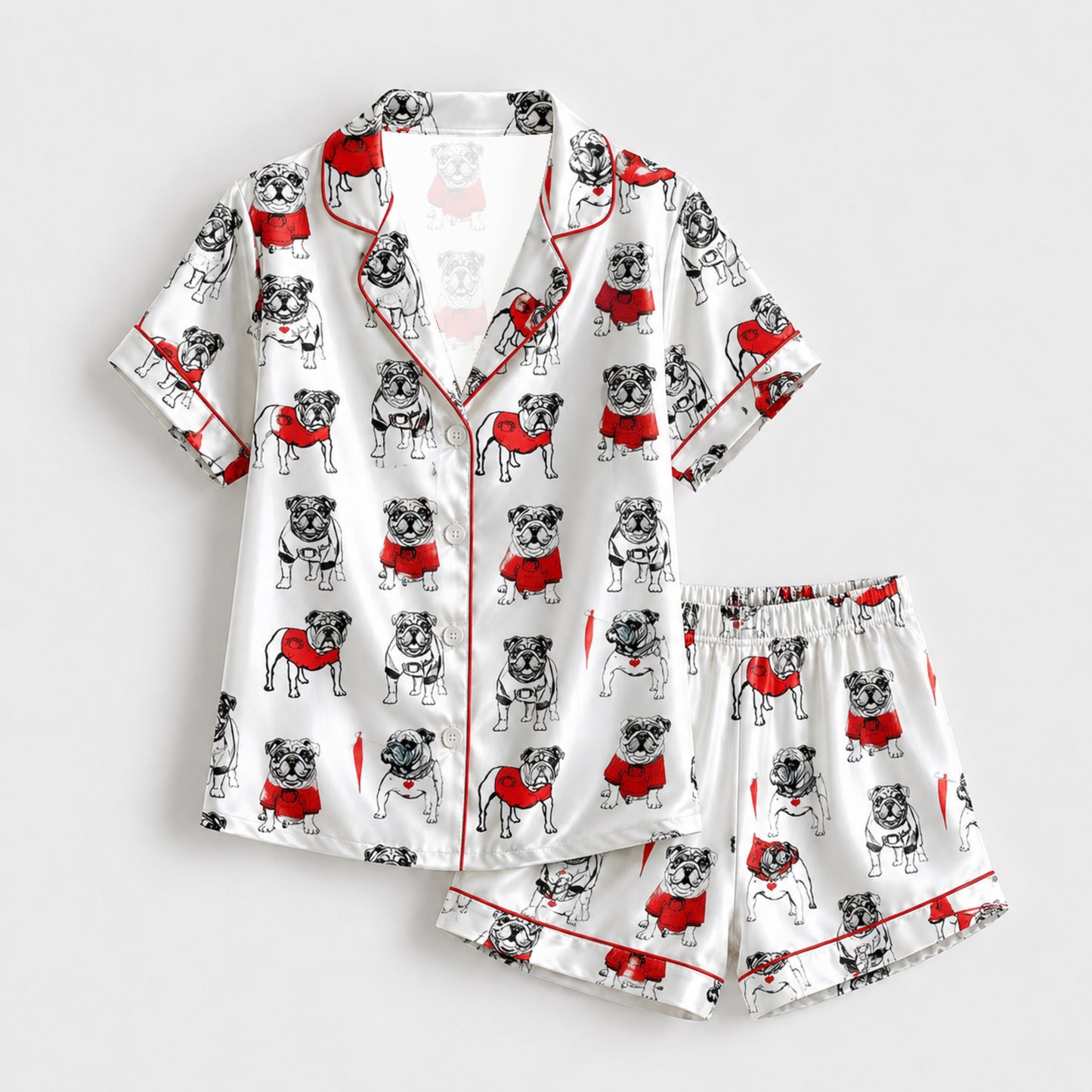 PJ-096-Unisex Bulldog Red Sweater Satin Pajama Set with High Quality Dog Illustration Print FREE SHIPING