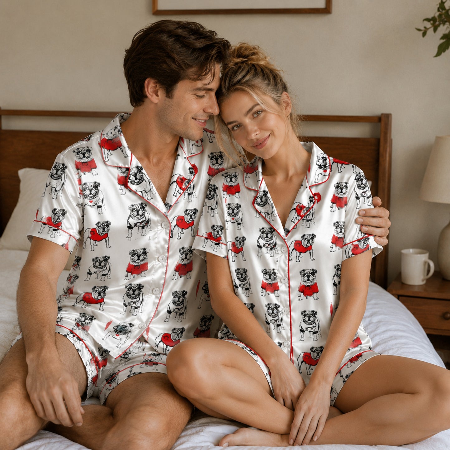 PJ-096-Unisex Bulldog Red Sweater Satin Pajama Set with High Quality Dog Illustration Print FREE SHIPING