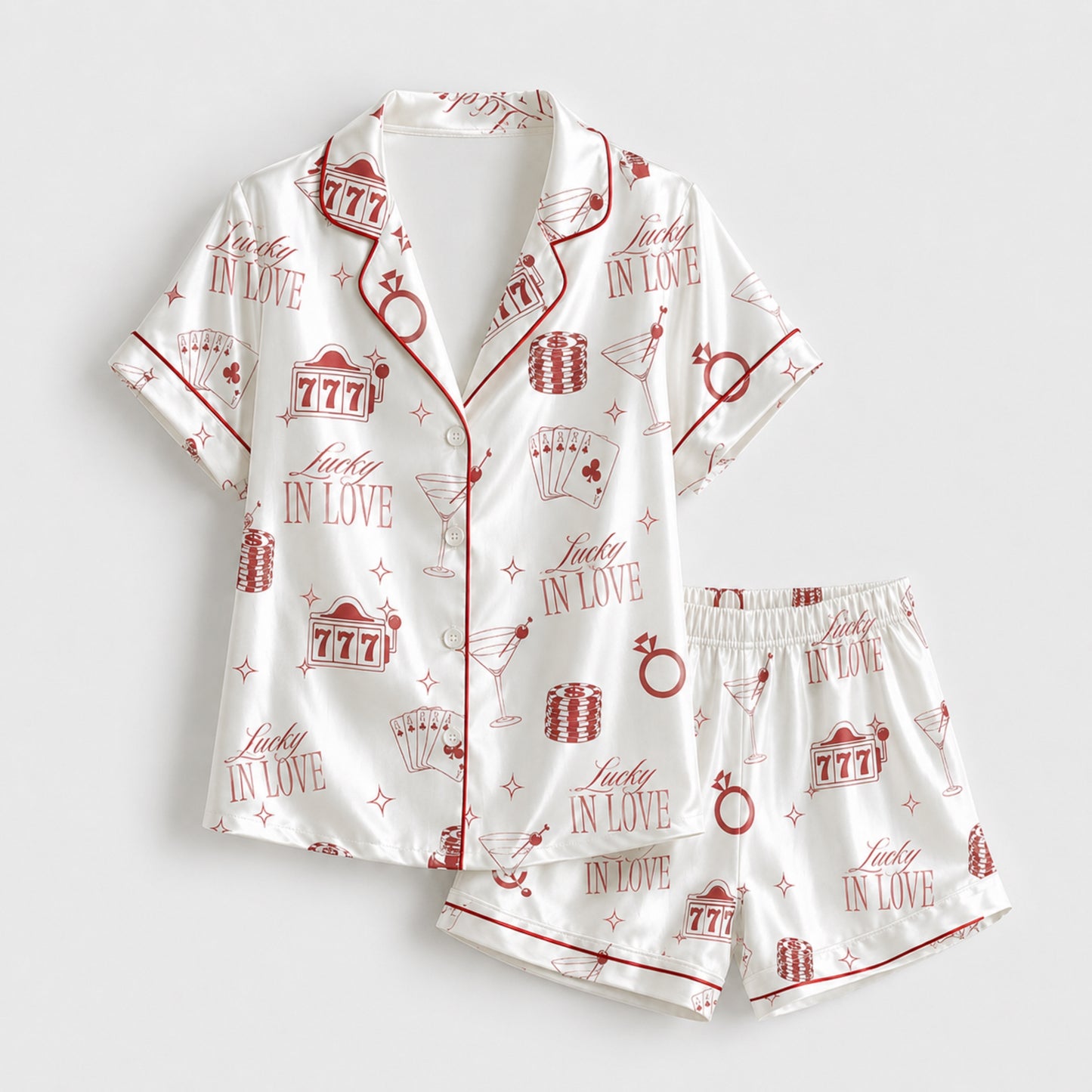PJ-097-Vegas Inspired Satin Pajama Set, Red Lucky In Love Print, Soft Button Up Nightwear Gift FREE SHIPING