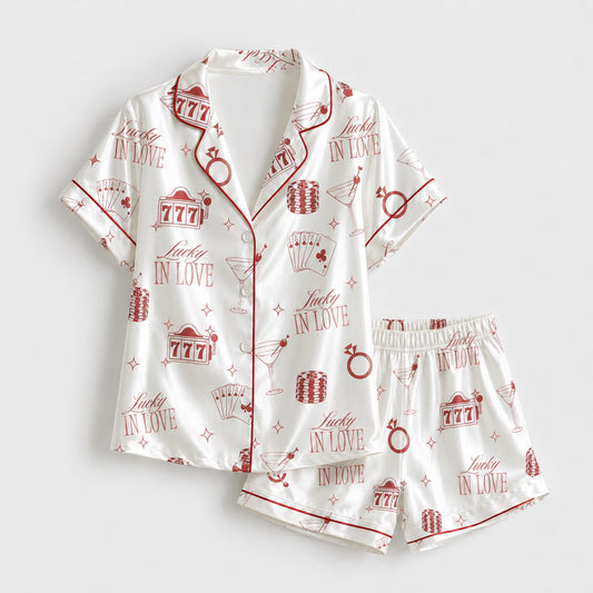 PJ-097-Vegas Inspired Satin Pajama Set, Red Lucky In Love Print, Soft Button Up Nightwear Gift FREE SHIPPING