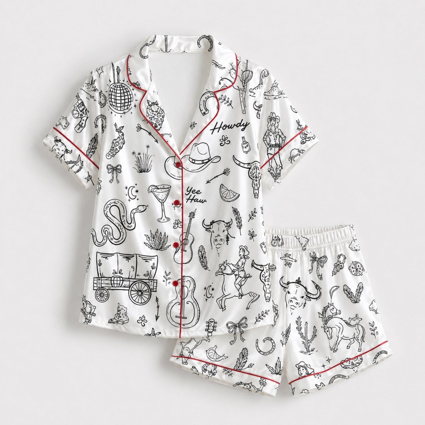 PJ-098-Unisex Western Cowboy Rodeo Satin Pajama Set with High Quality Ranch Illustration Print FREE SHIPING