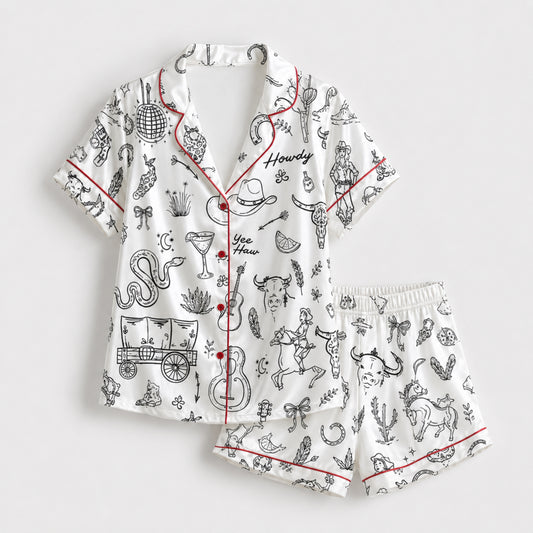 PJ-098-Unisex Western Cowboy Rodeo Satin Pajama Set with High Quality Ranch Illustration Print FREE SHIPPING