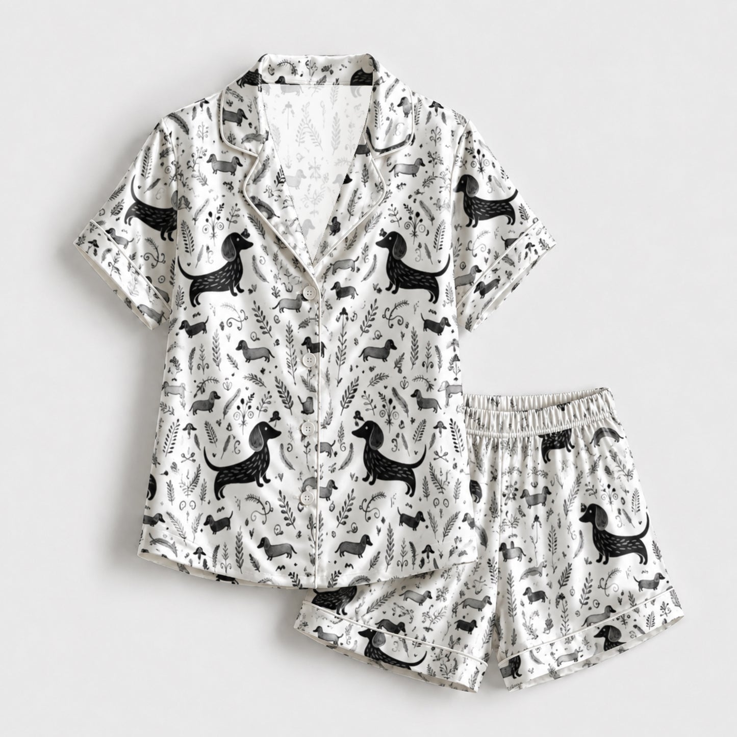 PJ-099-White Unisex Satin Dachshund Pattern Pajamas Black Grey Puppy Loungewear Sleepwear Nightwear Apparel Matching Set FREE SHIPING