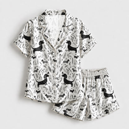 PJ-099-White Unisex Satin Dachshund Pattern Pajamas Black Grey Puppy Loungewear Sleepwear Nightwear Apparel Matching Set FREE SHIPING