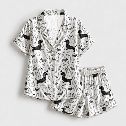 PJ-099-White Unisex Satin Dachshund Pattern Pajamas Black Grey Puppy Loungewear Sleepwear Nightwear Apparel Matching Set FREE SHIPPING