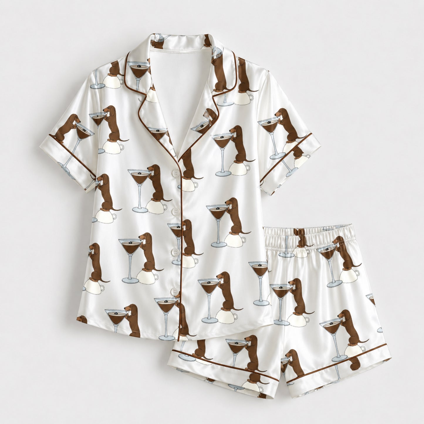 PJ-100-Dachshund Martini Satin Pajama Set With Dog Print Button Up Shirt And Matching Lounge Bottoms FREE SHIPING
