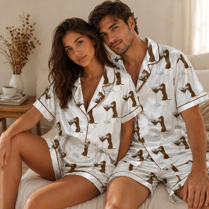 PJ-100-Dachshund Martini Satin Pajama Set With Dog Print Button Up Shirt And Matching Lounge Bottoms FREE SHIPING