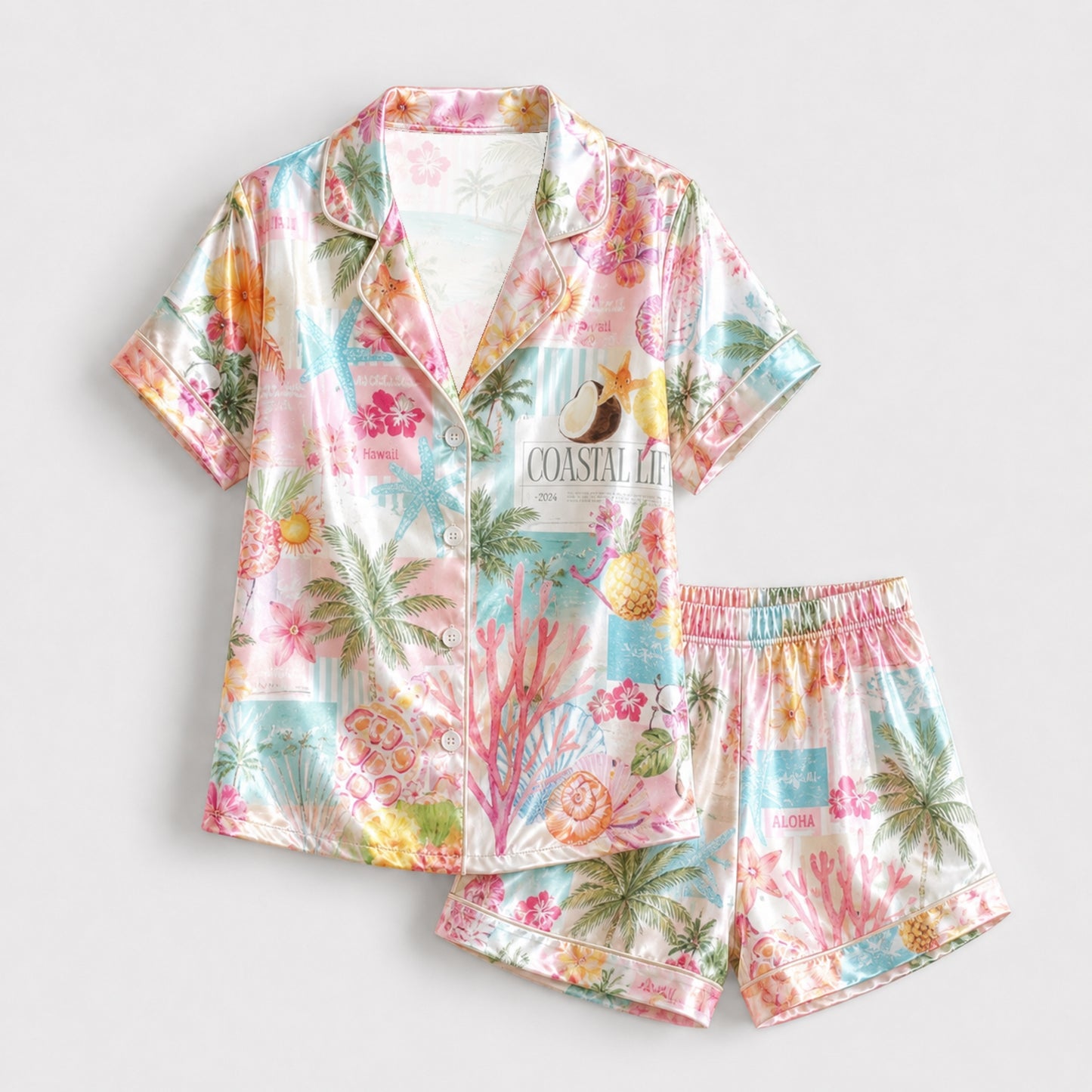 PJ-101-Unisex Pink Satin Novelty Beach Theme Pajamas Button Up Sleepwear Nightwear Loungewear Summer Clothing Set FREE SHIPING