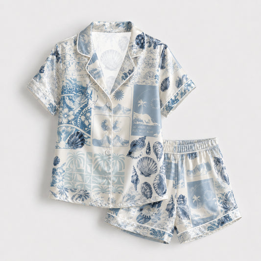 PJ-102-Blue Unisex Satin Palm Tree Pattern Pajamas Toile Nautical Graphic Loungewear Sleepwear Nightwear Apparel Matching Set FREE SHIPPING