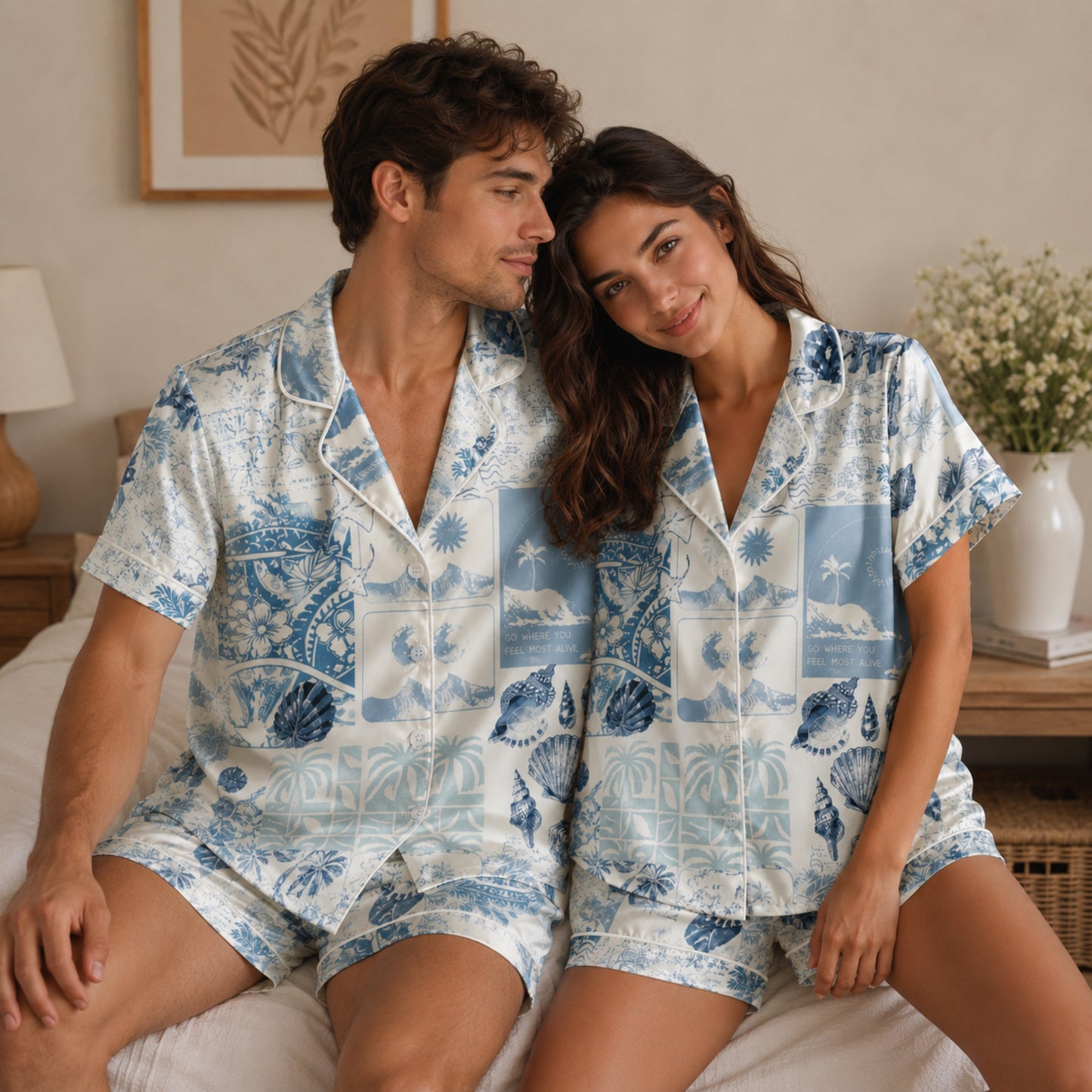 PJ-102-Blue Unisex Satin Palm Tree Pattern Pajamas Toile Nautical Graphic Loungewear Sleepwear Nightwear Apparel Matching Set FREE SHIPING